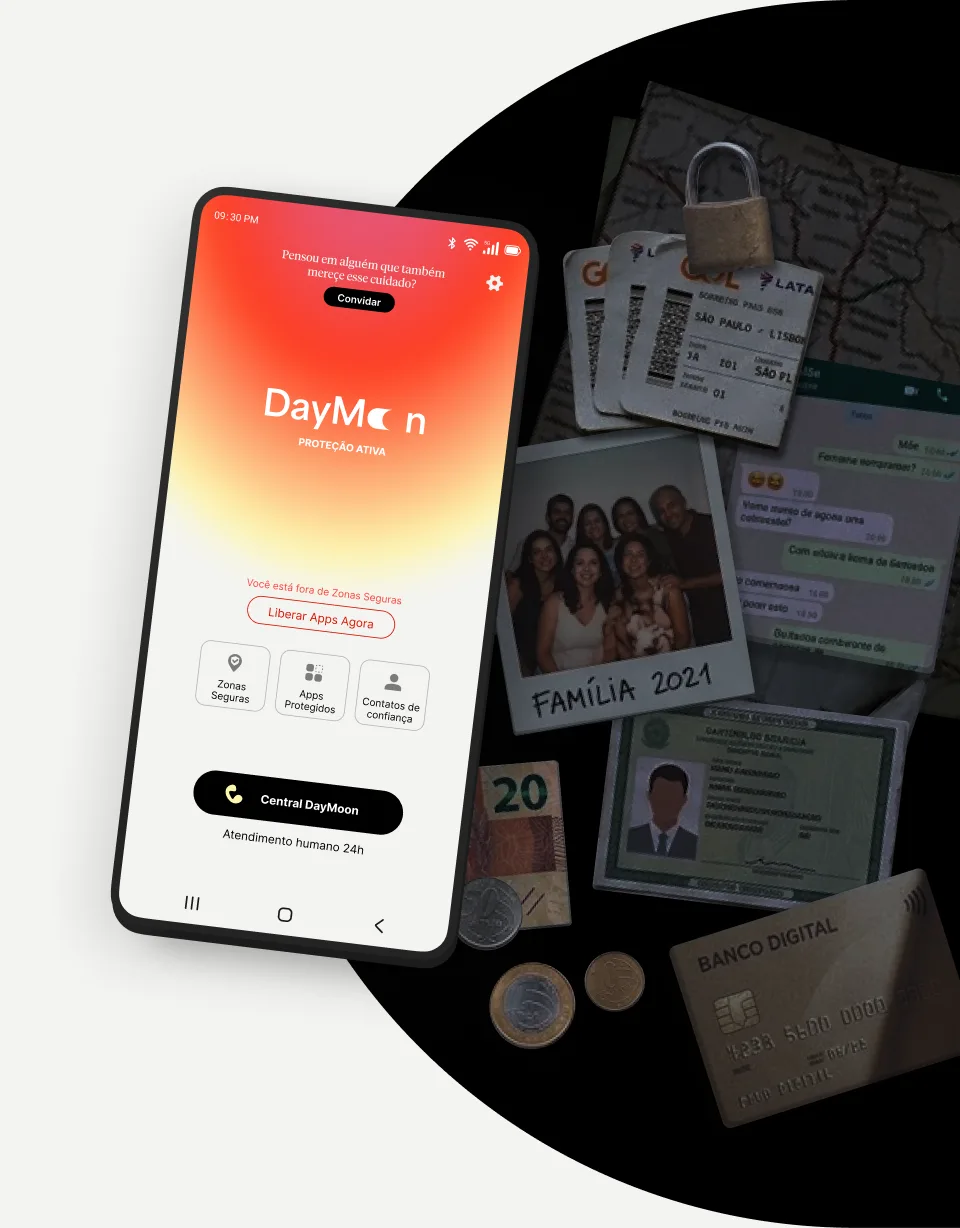 O app DayMoon aberto na tela de proteção ativa sobre documentos, cartão, moedas e mensagens de um celular roubado