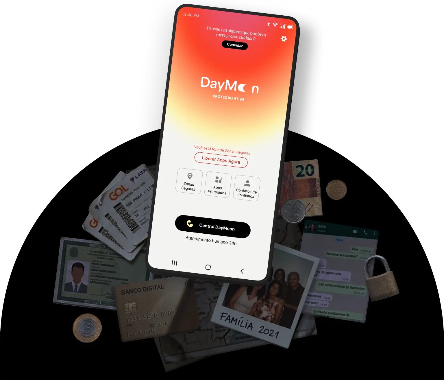 O app DayMoon aberto na tela de proteção ativa sobre documentos, cartão, moedas e mensagens de um celular roubado